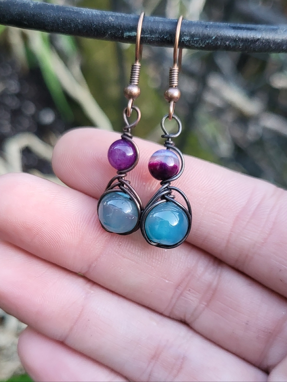 Purple Agate & Blue Agate Handcrafted Copper Earrings